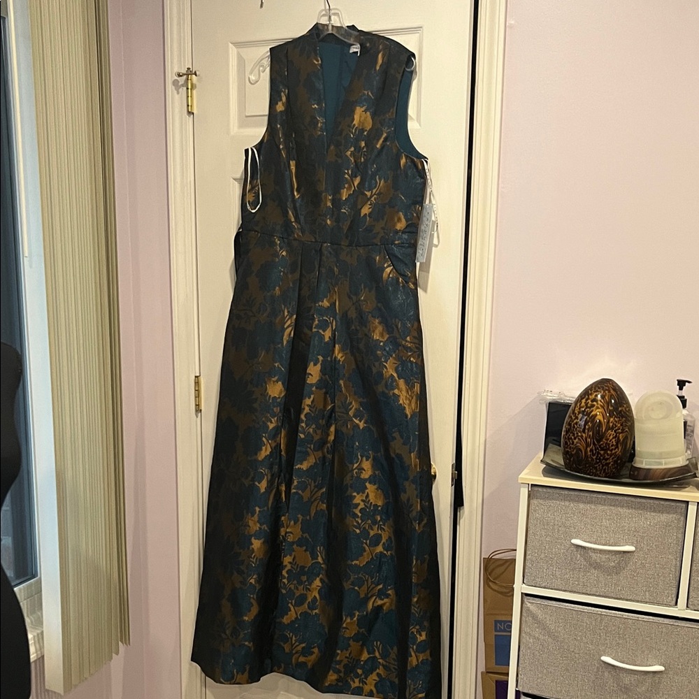 Kay Unger Teal and Gold Maxi Dress